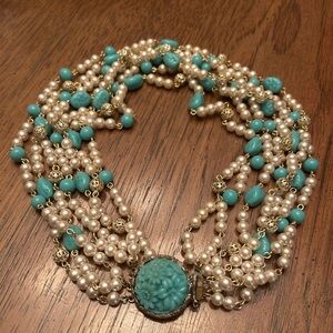 Vintage Faux Turquoise and Pearl Multi-Strand Necklace
